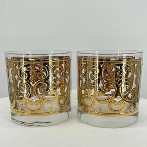 Set of 2 Georges Briard Spanish Gold Signed Lowball Glasses 1960s MCM Dishware